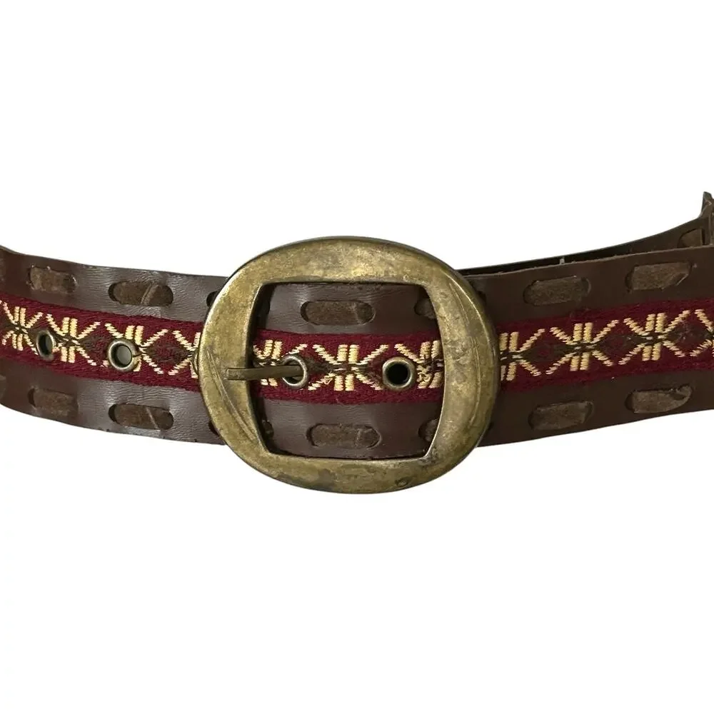 Vintage Boho Vegan Leather Woven Embroidered Belt  S